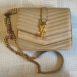 YSL Lambskin Matelasse Chevron Monogram Small Sulpice Bag Beige